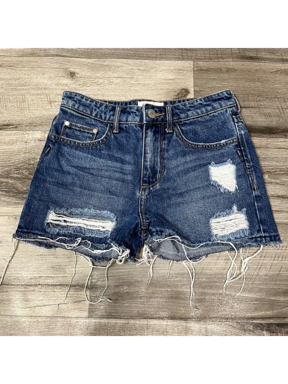 Gilded Intent Buckle High Rise Distressed Denim Shorts Blue Women’s Size 24
